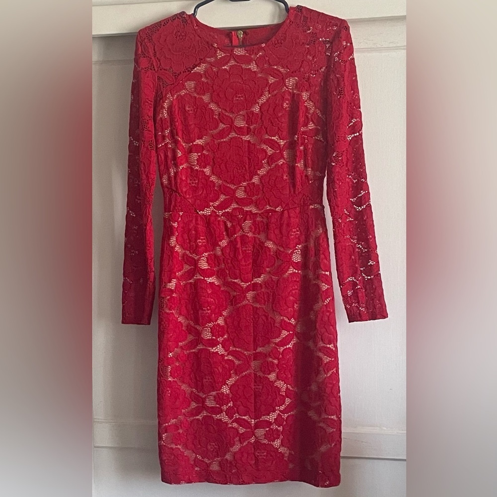Rebecca B. Red Long Sleeve Lace Dress. Pre-Owned.